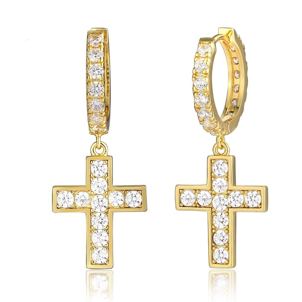 The Valor® - 925 Sterling Silver Diamond Hoop Earrings with Diamond Hanging Cross 14K Gold S925 