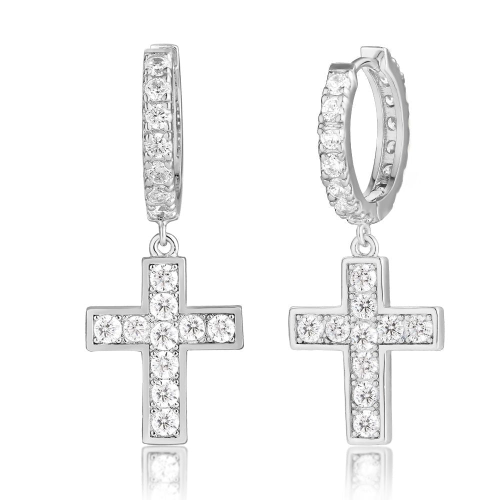 The Valor® - 925 Sterling Silver Diamond Hoop Earrings with Diamond Hanging Cross White Gold S925 