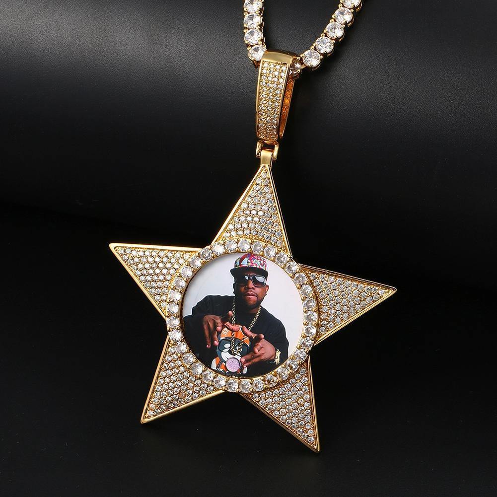 THE WALK OF FAME® - Custom Iced Out Star Photo Pendant 18" 18K Gold Free Rope Chain