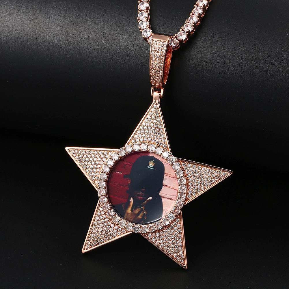 THE WALK OF FAME® - Custom Iced Out Star Photo Pendant 18" Rose Gold Free Rope Chain