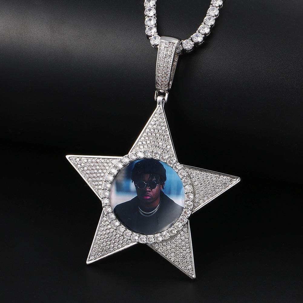THE WALK OF FAME® - Custom Iced Out Star Photo Pendant 18" White Gold Free Rope Chain