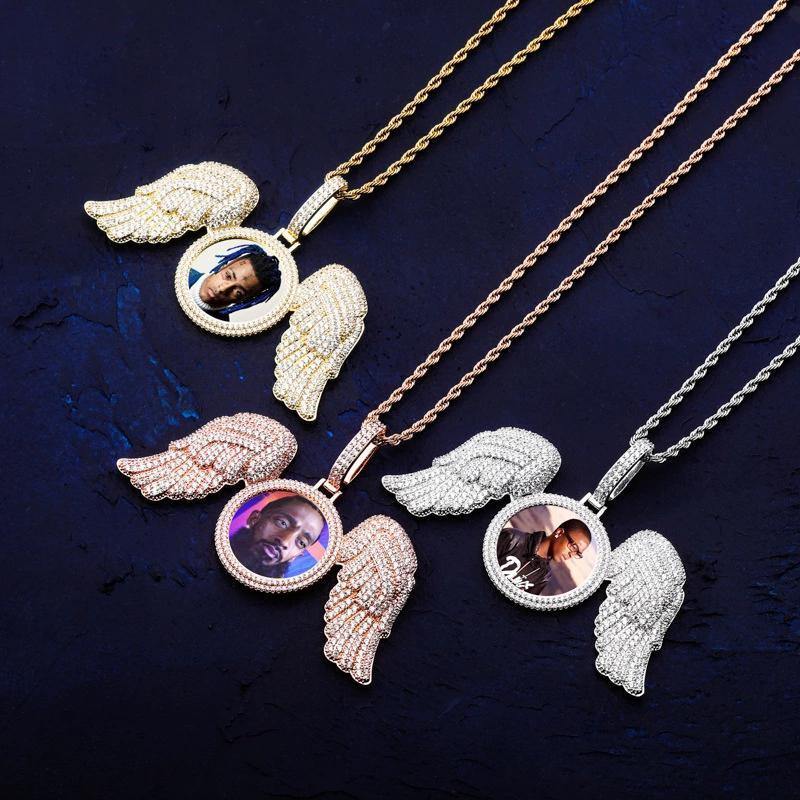THE WINGS® - Custom Round Photo Pendant With Big Angel Wings 