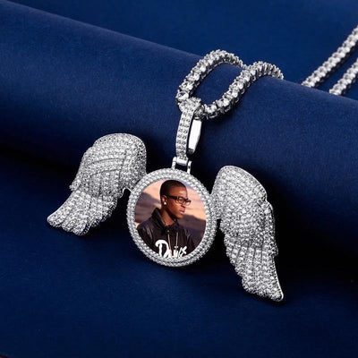 THE WINGS® - Custom Round Photo Pendant With Big Angel Wings 