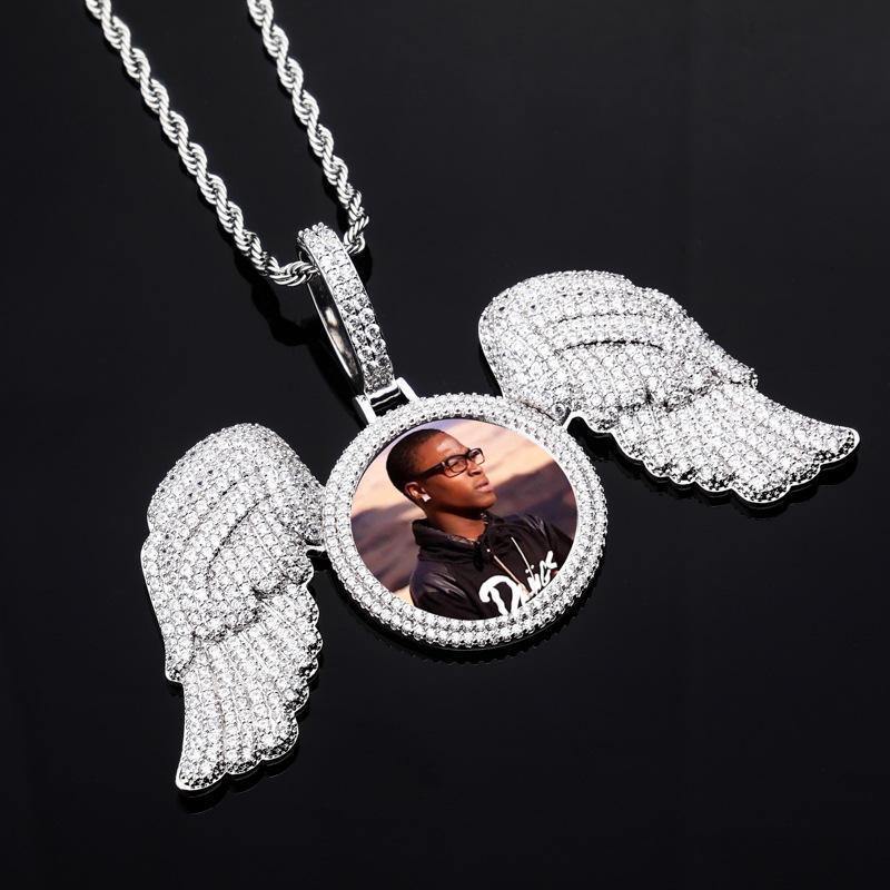 THE WINGS® - Custom Round Photo Pendant With Big Angel Wings 