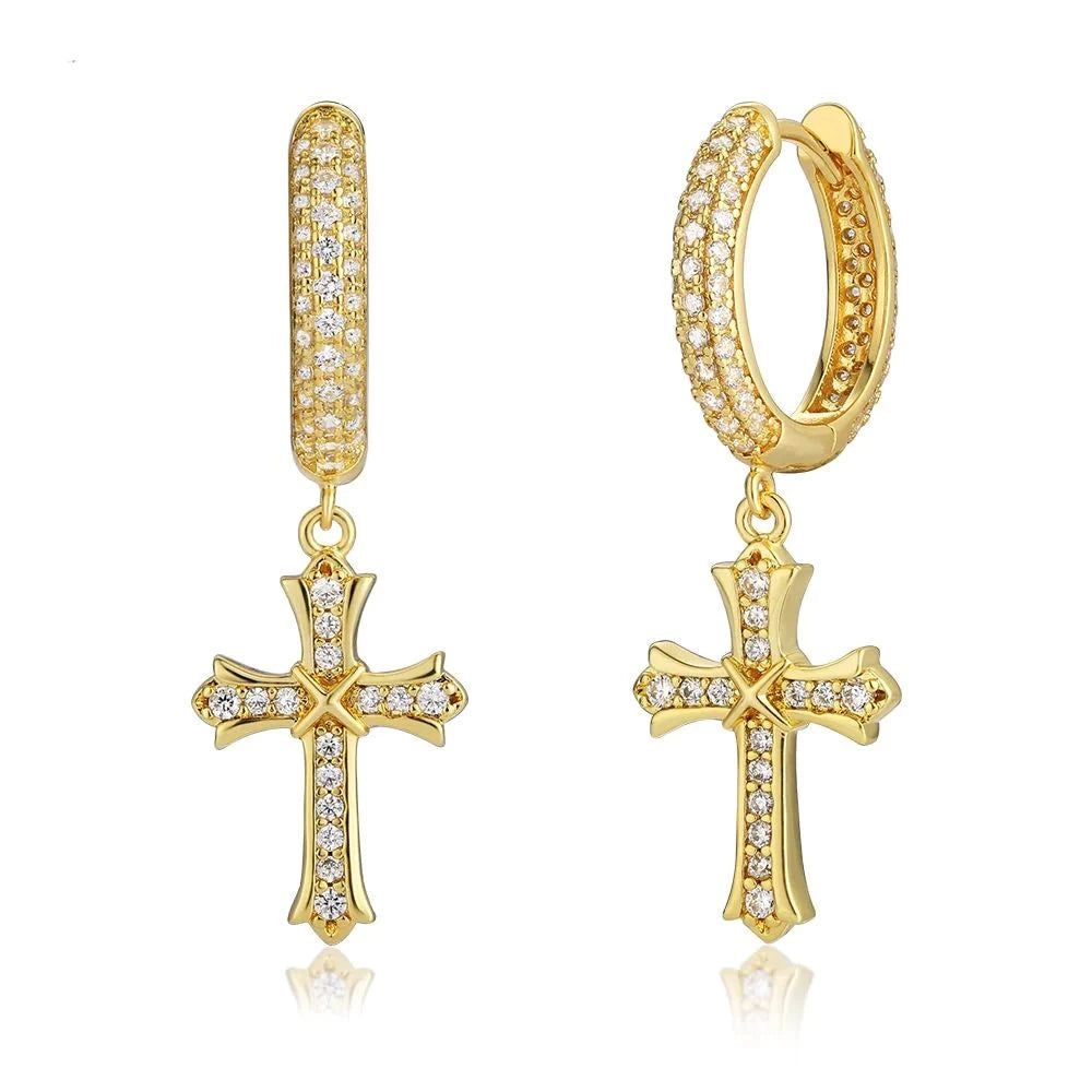 The Wisdom Ⅱ® -925 Sterling Silver Diamond Iced Out Hoop Dangle Iris Cross Earrings Earrings 14K Gold S925 