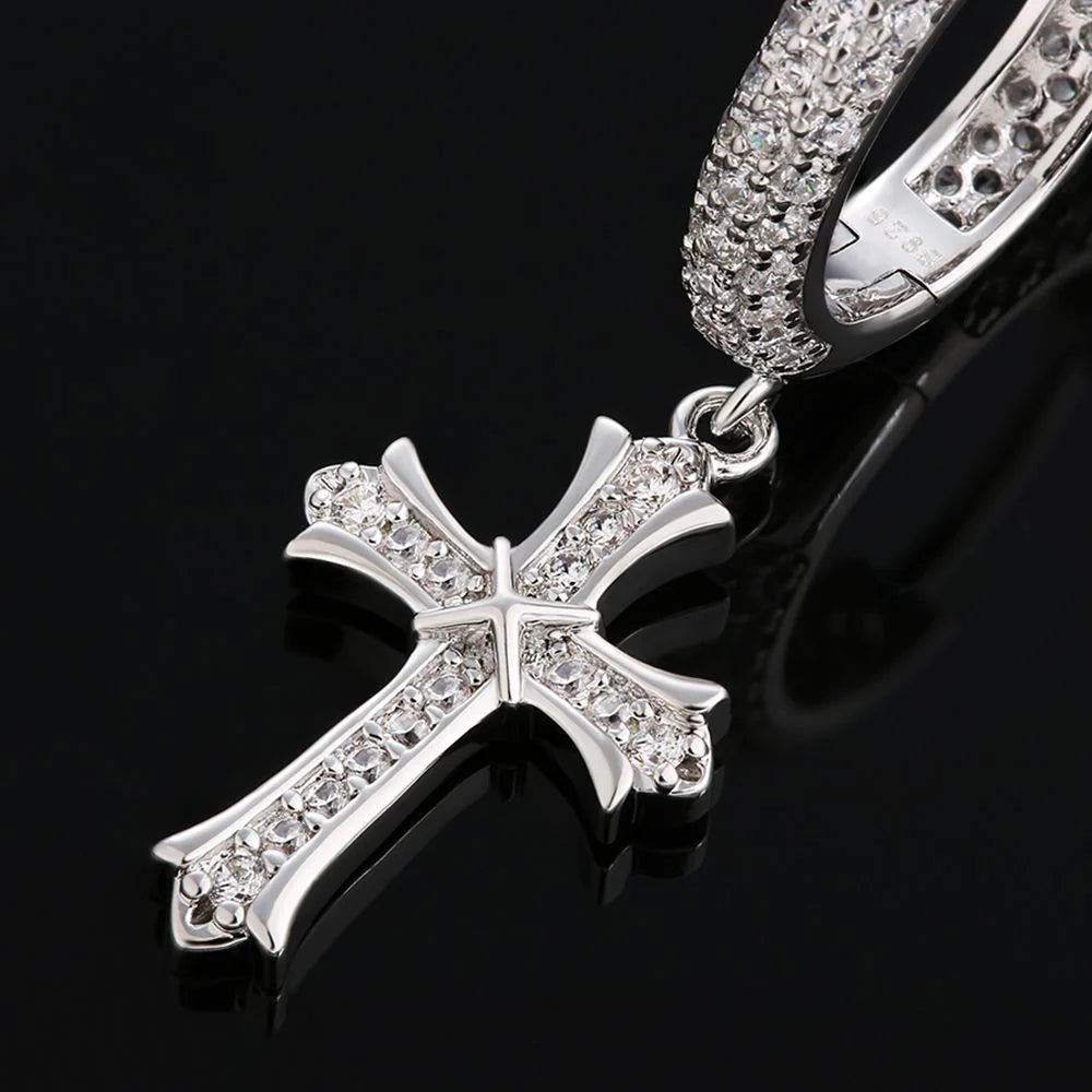 The Wisdom Ⅱ® -925 Sterling Silver Diamond Iced Out Hoop Dangle Iris Cross Earrings Earrings 