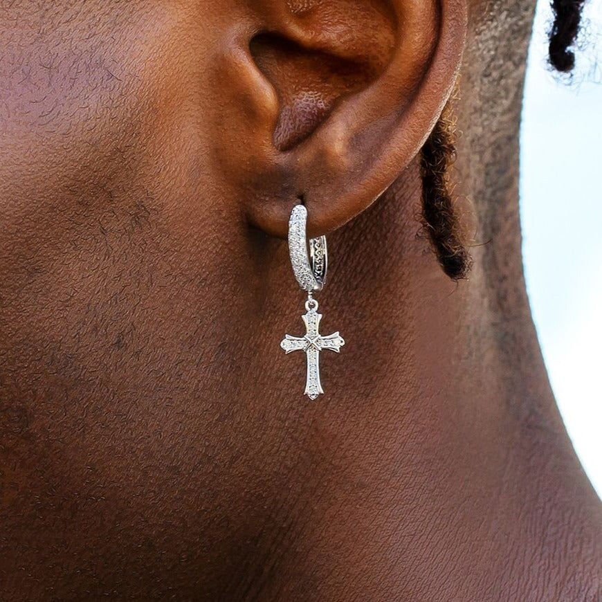 The Wisdom Ⅱ® -925 Sterling Silver Diamond Iced Out Hoop Dangle Iris Cross Earrings Earrings 