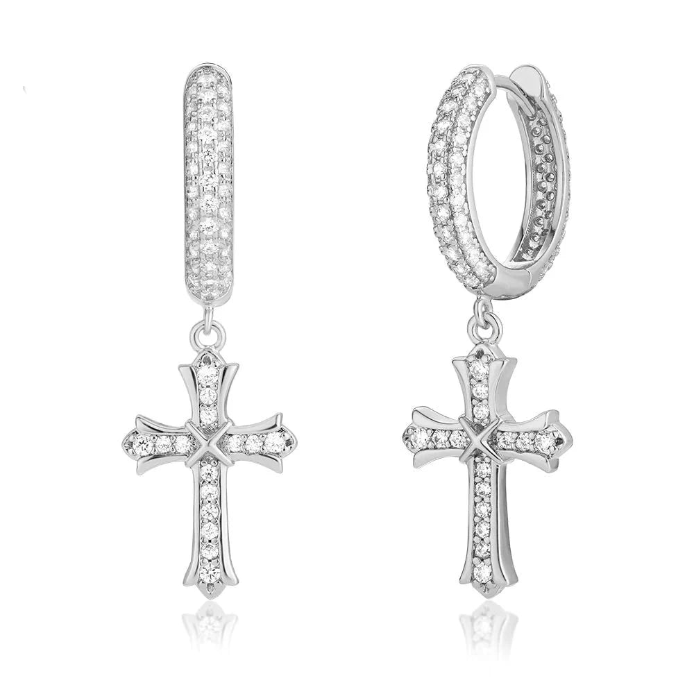 The Wisdom Ⅱ® -925 Sterling Silver Diamond Iced Out Hoop Dangle Iris Cross Earrings Earrings White Gold S925 