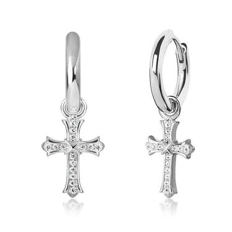 The Wisdom® -925 Sterling Silver Diamond Iced Out Hoop Dangle Iris Cross Mens Earrings Earrings White Gold S925 