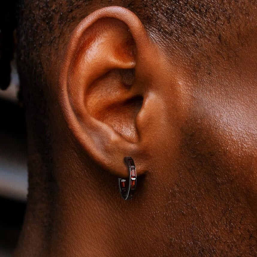 The Zeal® - 925 Sterling Silver Black & Red Ruby Diamond Men's Hoop Earrings Earrings 