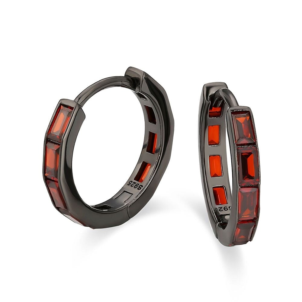 The Zeal® - 925 Sterling Silver Black & Red Ruby Diamond Men's Hoop Earrings Earrings 