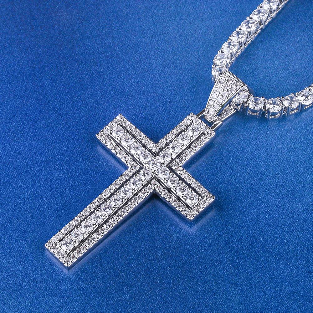 White Gold Iced Double Layered Cross Pendant 