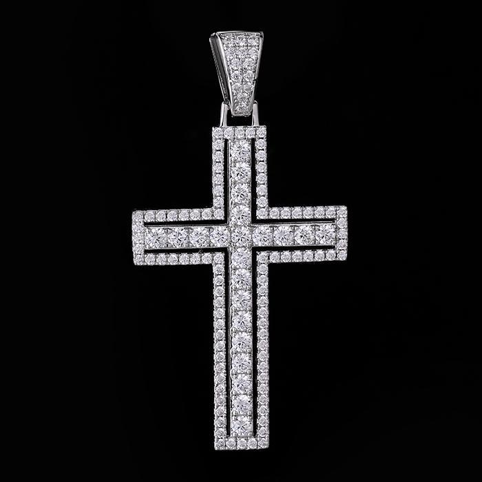 White Gold Iced Double Layered Cross Pendant 