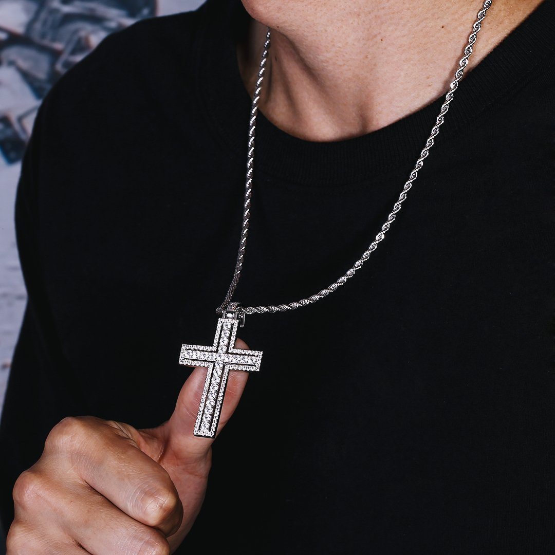 White Gold Iced Double Layered Cross Pendant 